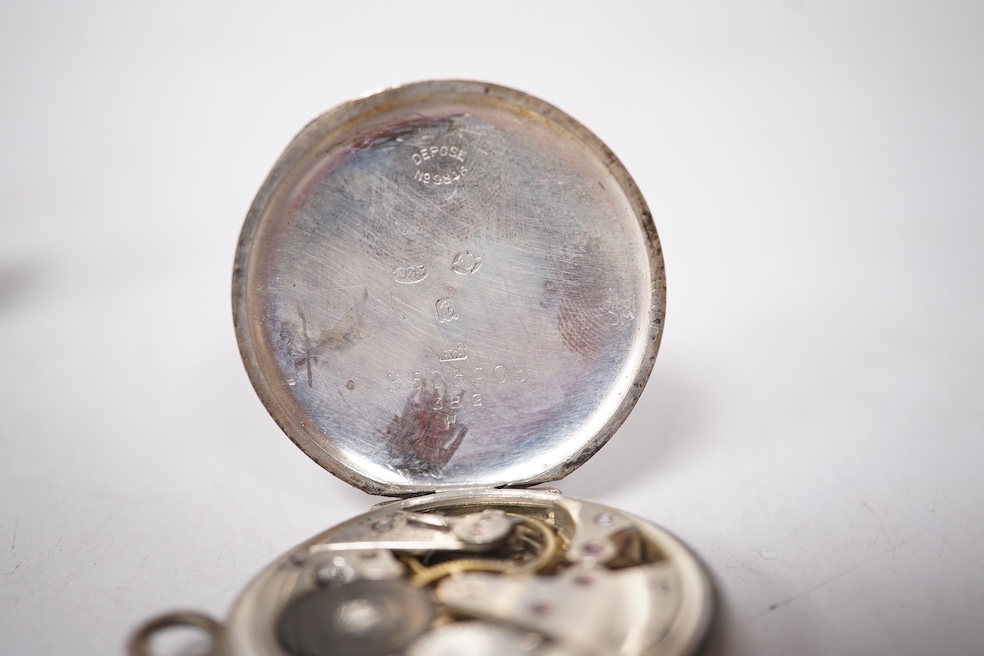An early 20th century silver Borgel cased manual wind wrist watch(a.f.), one other similar silver half hunter manual wind wrist watch(no strap) and one other similar with a strap. Condition - poor